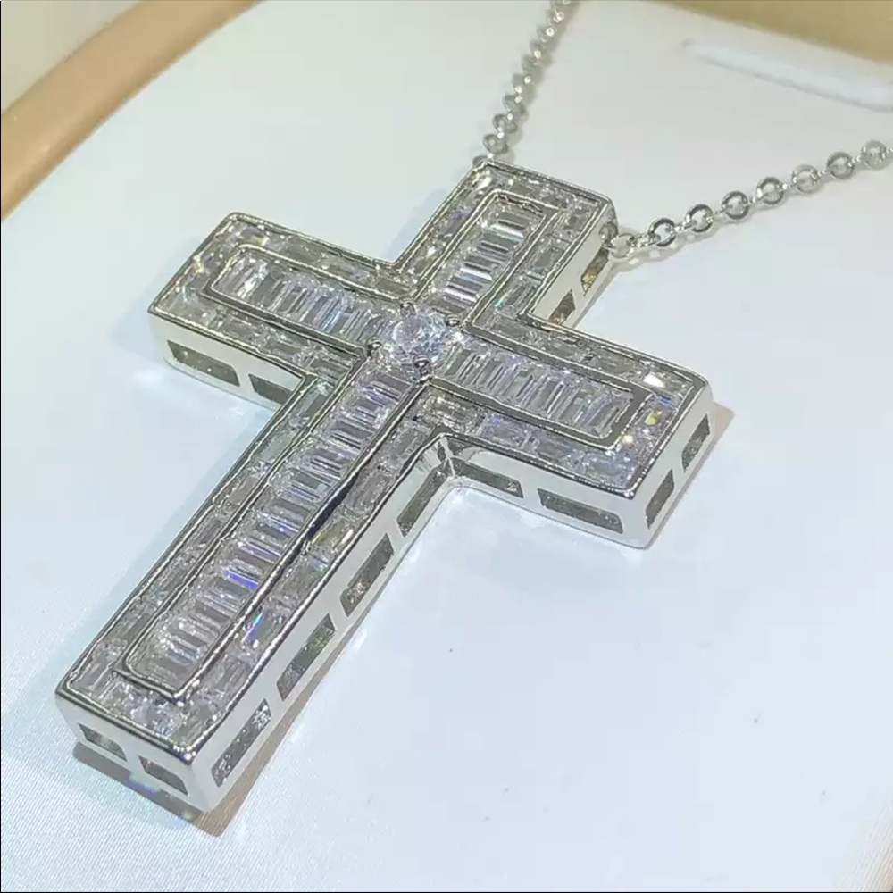 New Men Women 925 Silver Cross Diamond Necklace - Picture 4 of 10